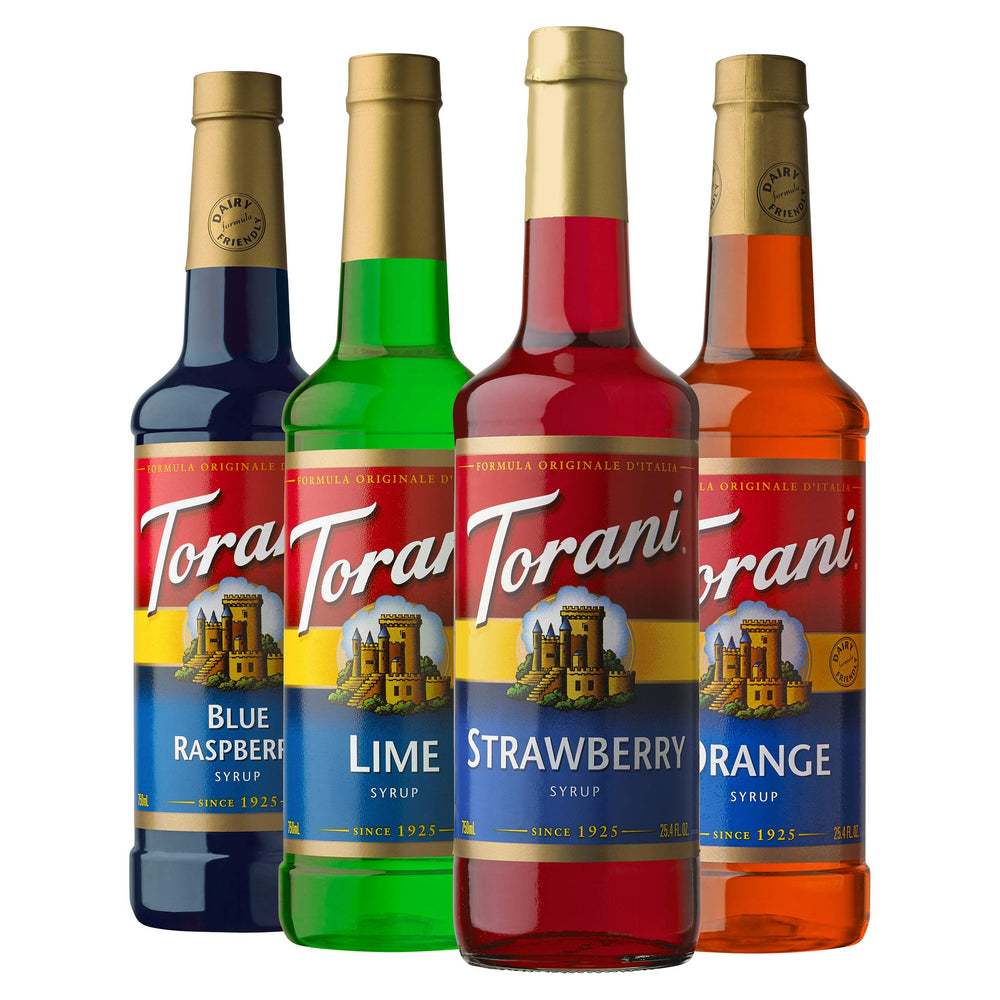 Torani Syrup Blue Raspberry bottle for vibrant Italian sodas.