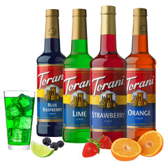 Torani Syrup Strawberry bottle for fruity beverages and desserts.