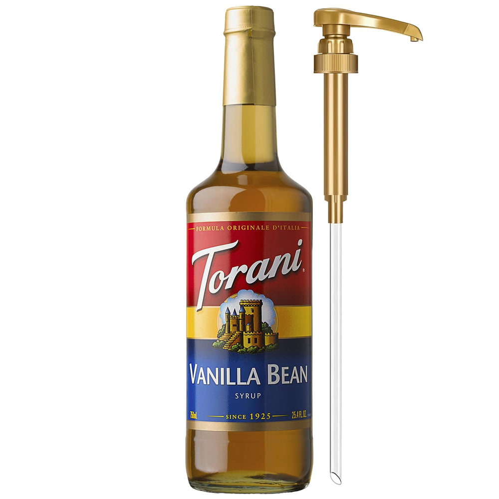 Torani Vanilla Bean Syrup bottle with pump enhances coffee flavor