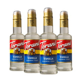 Torani Vanilla Syrup bottle front view for coffee flavor enhancement.