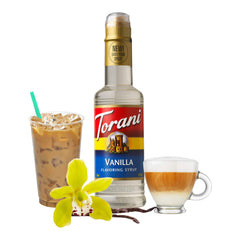 Torani Vanilla Syrup label close-up showing kosher certification.