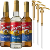 Torani Vanilla Syrup bottle pour enhances coffee with vanilla notes