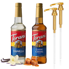 Torani Vanilla Syrup bottle pour highlights versatile vanilla flavor for lattes and desserts.
