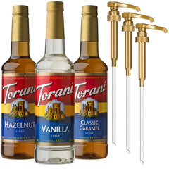 Torani Vanilla Syrup bottle pour enhances coffee with vanilla notes
