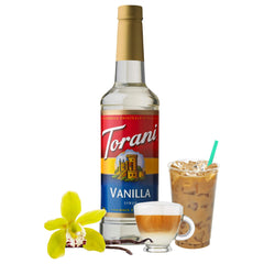 Torani Vanilla Syrup being poured into coffee for a smooth latte