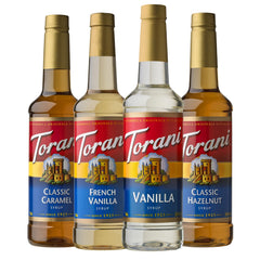 Torani caramel bottle to craft creamy caramel lattes at home.