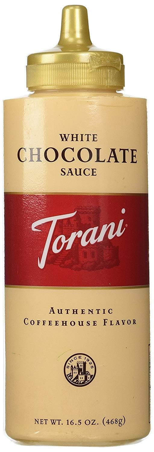 Torani White Chocolate Sauce 16.5 oz bottle with smooth, creamy flavor for drinks