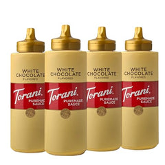 Torani White Chocolate Sauce glass bottle closeup shows rich color and silky texture