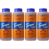 Torani Zero Calorie Caramel Sauce bottle pouring over dessert for flavor without calories