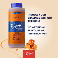 Torani Zero Calorie Caramel Sauce drizzle on ice cream for rich taste