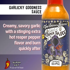 Closeup of Torchbearer Garlic Reaper jar highlights garlic-forward heat