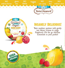 Torie & Howard organic hard candy ingredients panel shows gluten-free, nut-free, dairy-free attributes.