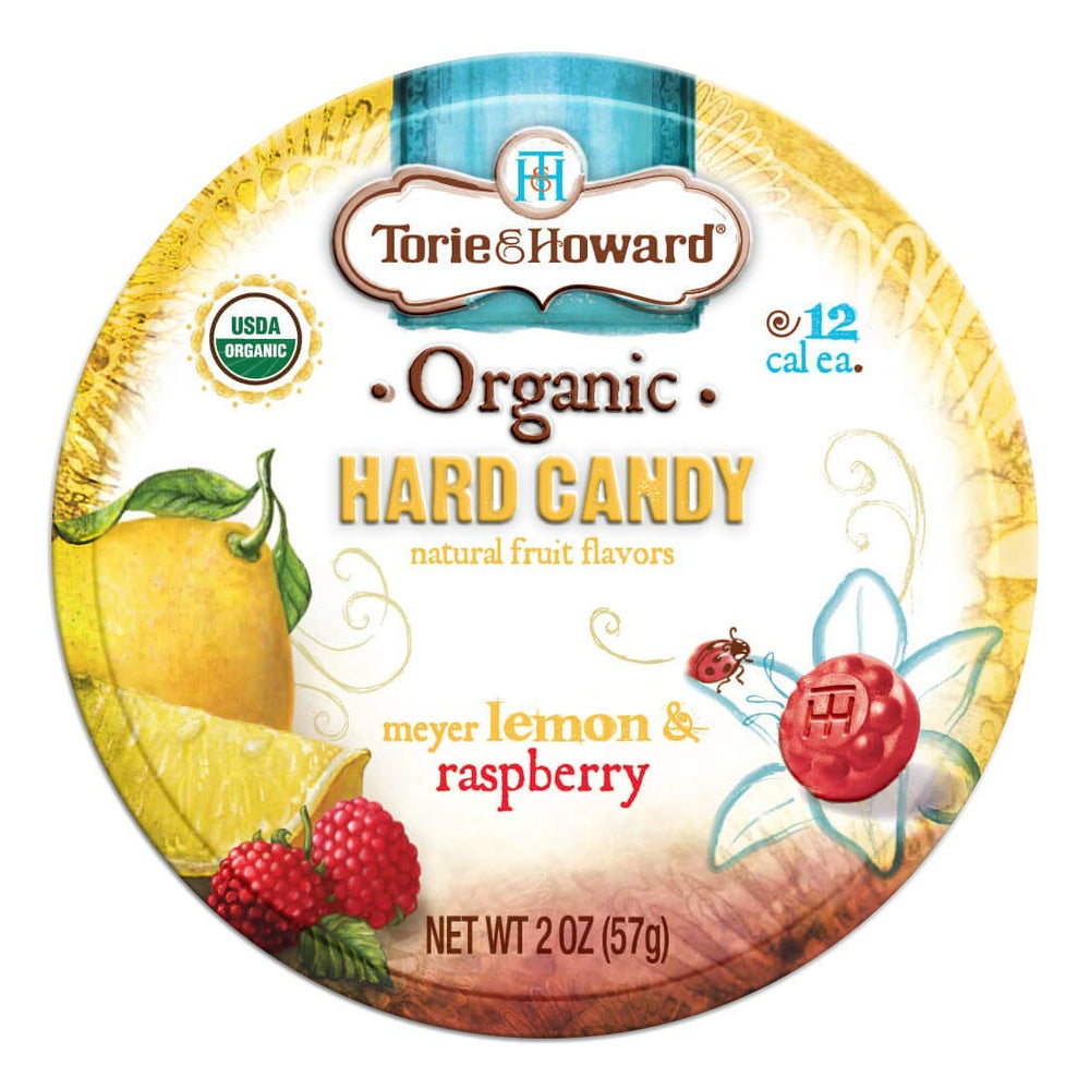 Torie & Howard organic lemon-raspberry candy packaging highlights clean organic ingredients for on-the-go snacking.