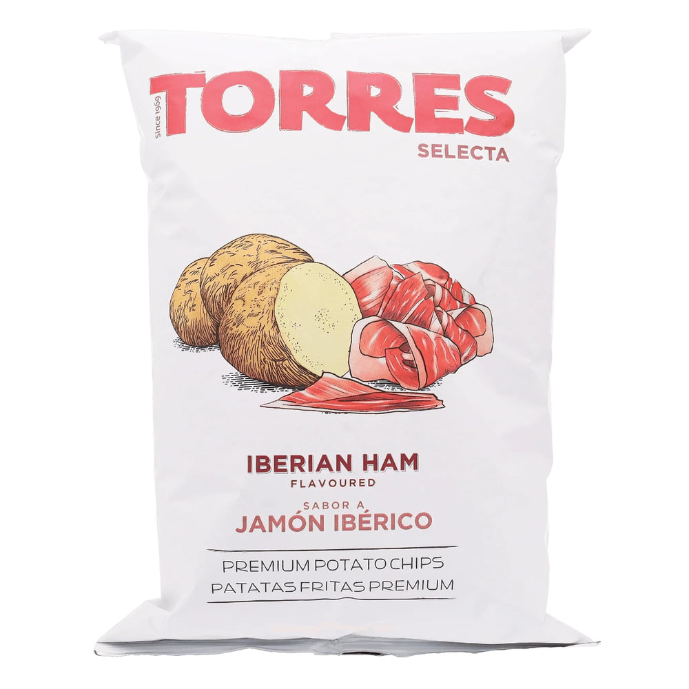 Torres Selecta Iberian Ham Chips pack shot; perfect with wine or beer.