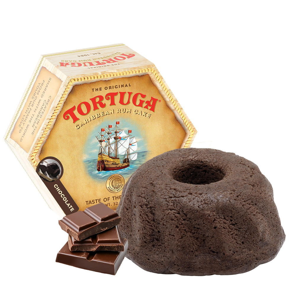 TORTUGA Caribbean Chocolate Rum Cake 16oz box and wrapping; premium gift packaging for celebrations.