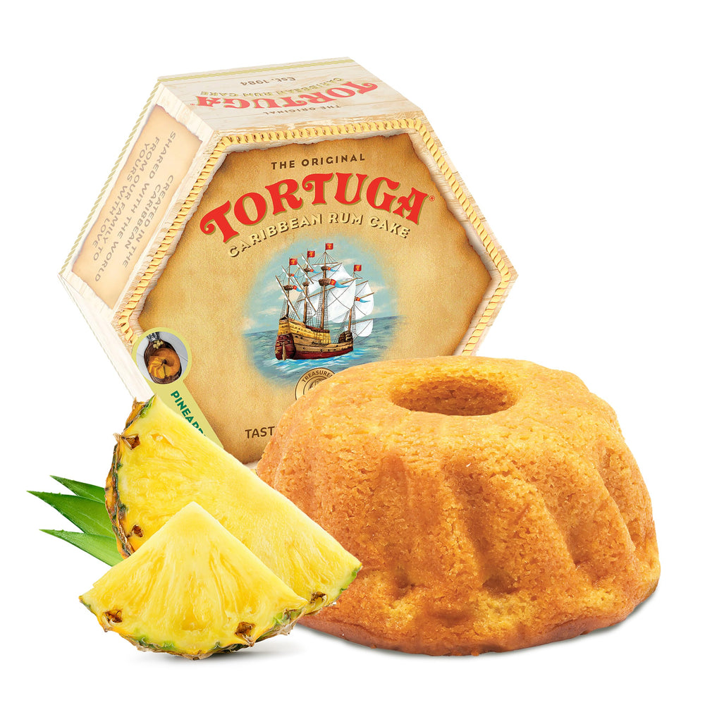 Tortuga pineapple rum cake box shows premium gift-ready packaging.