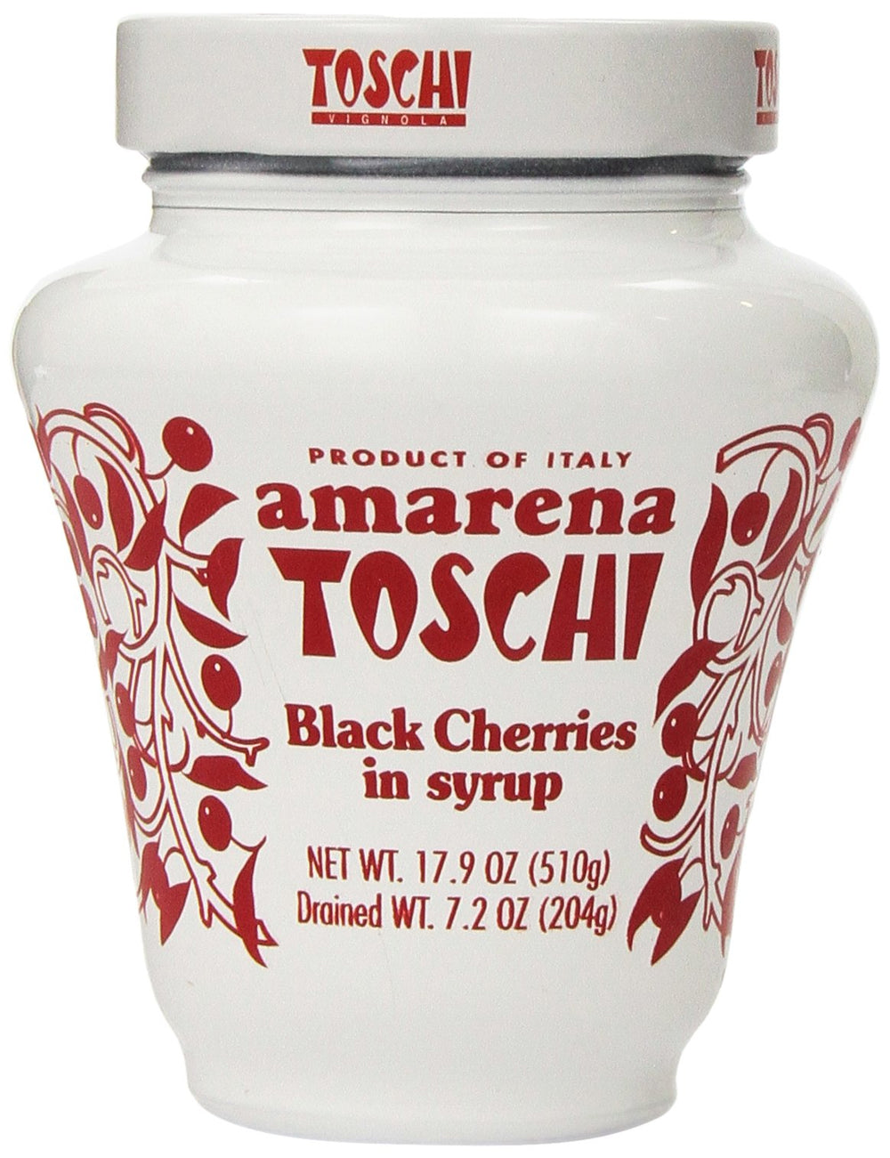 Toschi Amarena cherries in syrup jar ready to garnish desserts
