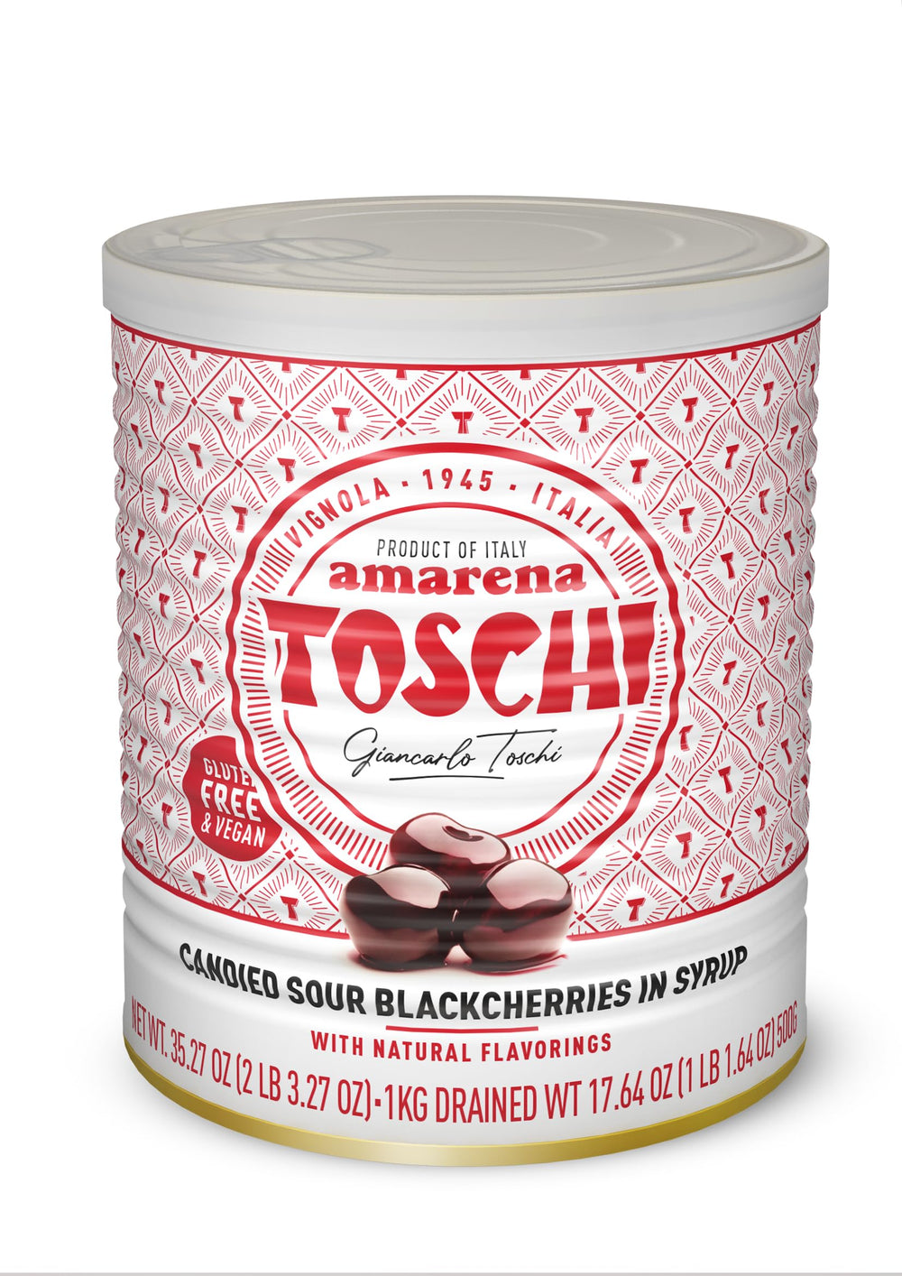 Toschi Amarena cherries in syrup jar ready for dessert topping.