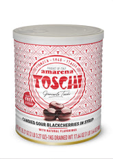 Toschi Amarena cherries in syrup jar ready for dessert topping.