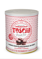 Toschi Amarena cherries in syrup jar ready for dessert topping.