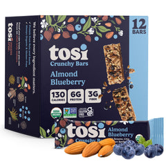 Tosi Almond Blueberry bar front view, protein-packed and grab-and-go.