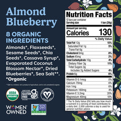 Tosi Almond Blueberry bars ingredients closeup with almonds and seeds.