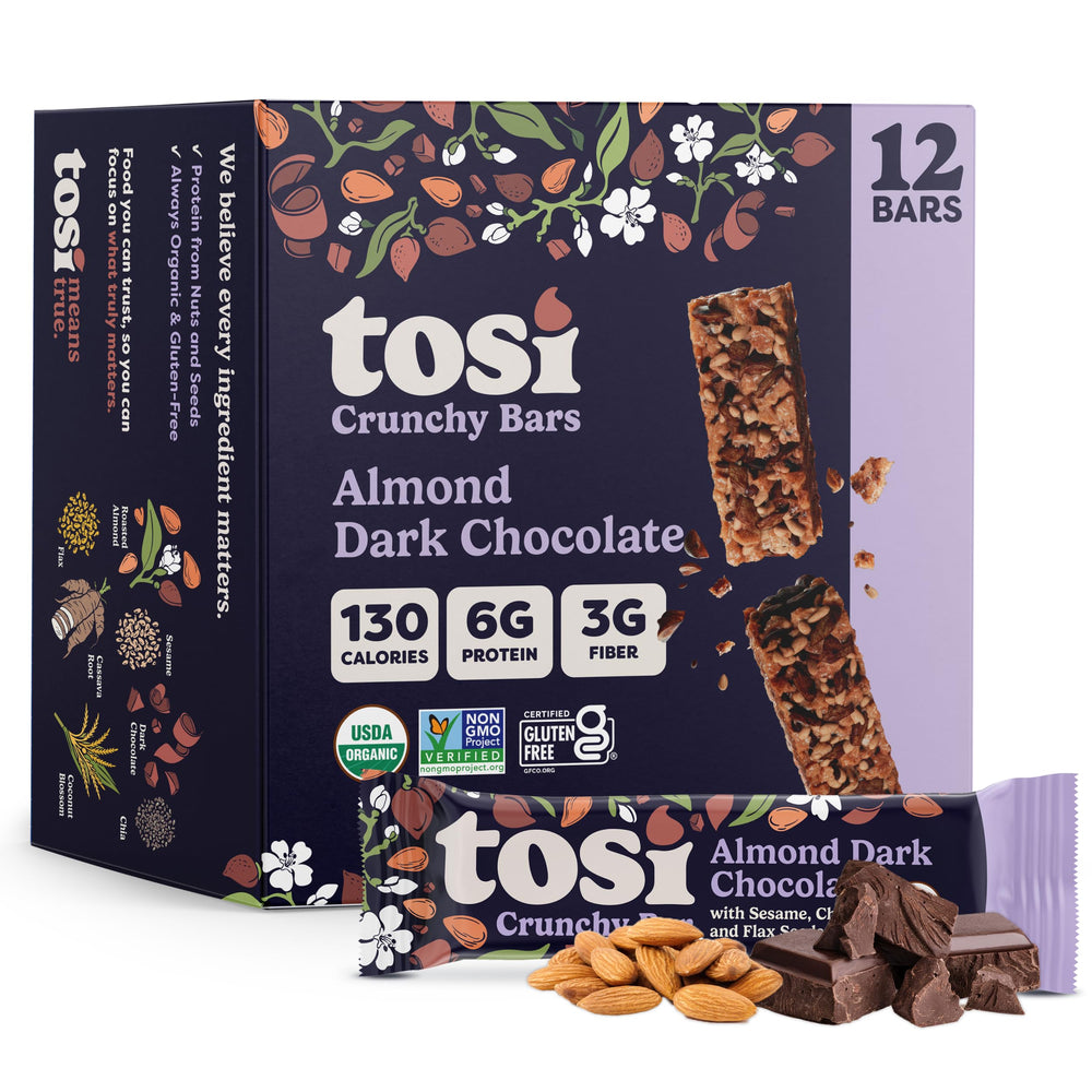 Tosi Nut Bars Almond Dark Chocolate pack shot for on-the-go energy.