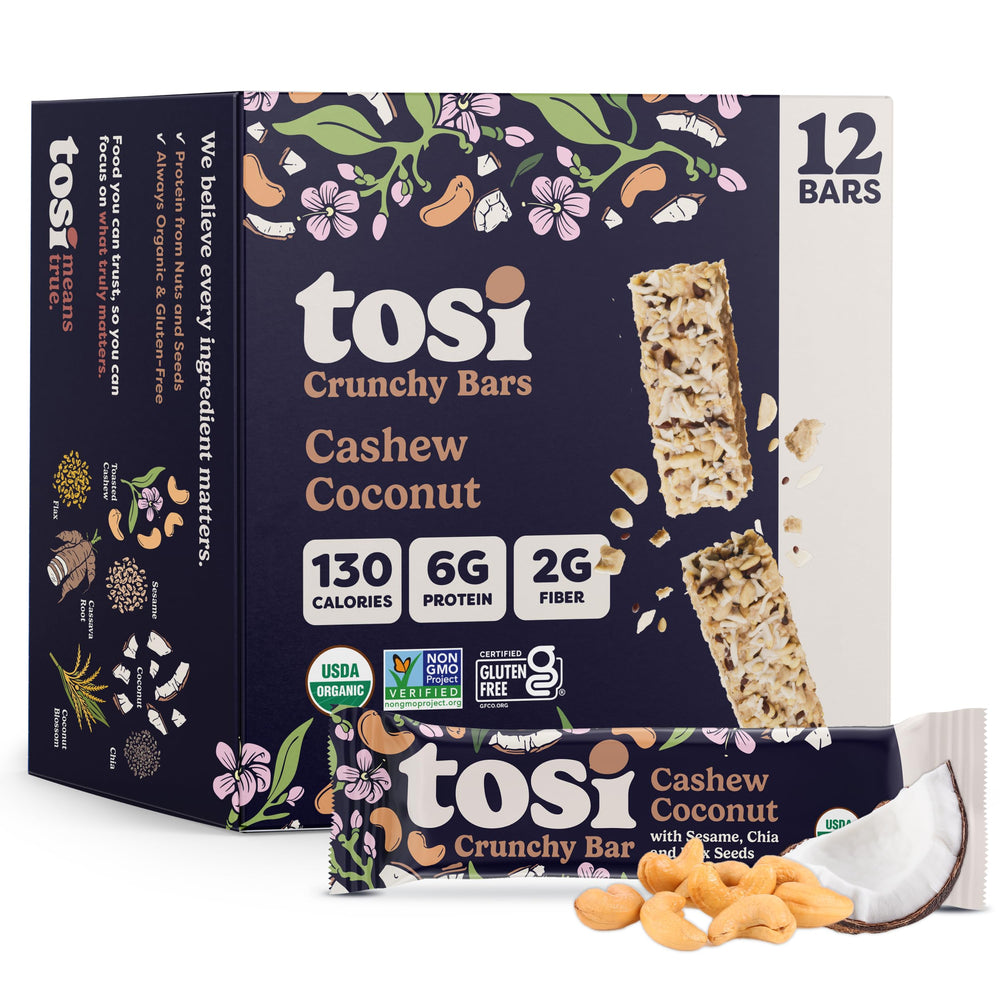 Tosi Nut Bars Cashew Coconut packshot with real ingredients and portability.