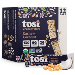 Tosi Nut Bars Cashew Coconut packshot with real ingredients and portability.