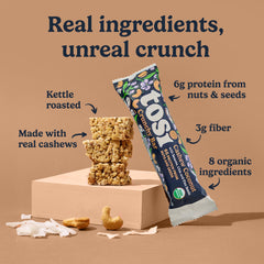Tosi Nut Bars Cashew Coconut protein highlight showing 6g protein per bar.