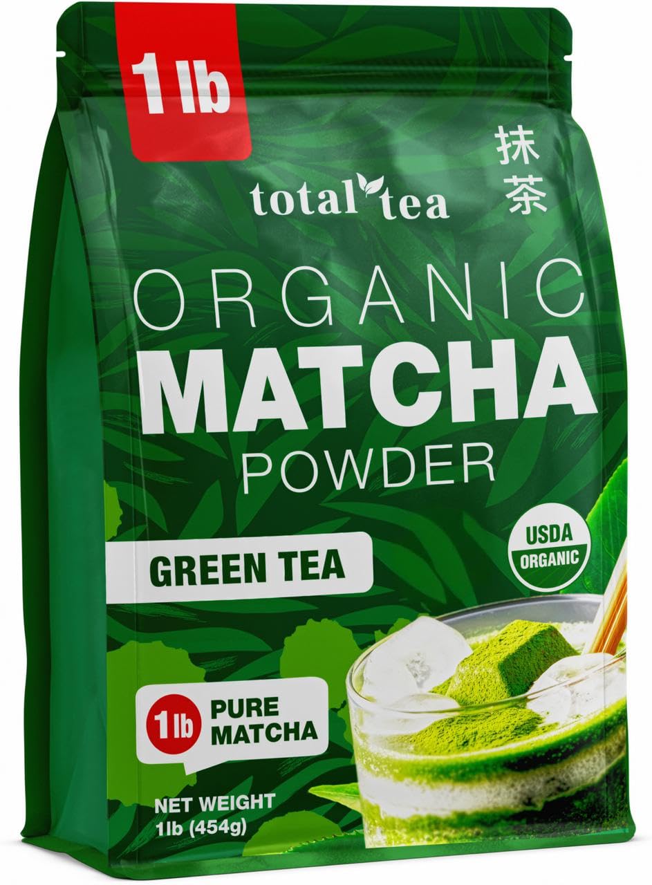 Total Tea Organic Matcha Green Tea Powder in a jar for vibrant lattes and smoothies.