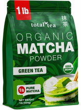 Total Tea Organic Matcha Green Tea Powder in a jar for vibrant lattes and smoothies.