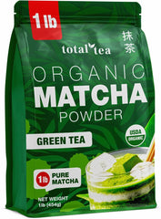 Total Tea Organic Matcha Green Tea Powder in a jar for vibrant lattes and smoothies.