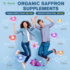 Totaria saffron capsules pouring from bottle for easy daily use
