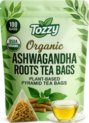 TOZZY Organic Ashwagandha tea bags in pyramid sachets for pure flavor.