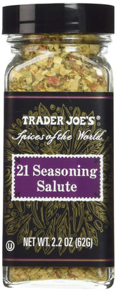 Trader Joe's 21 Seasoning Salute jar front—versatile flavor enhancer for many dishes