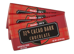 Trader Joe's 72% cacao Belgian chocolate bars 3-pack, front view, ready for gifting.