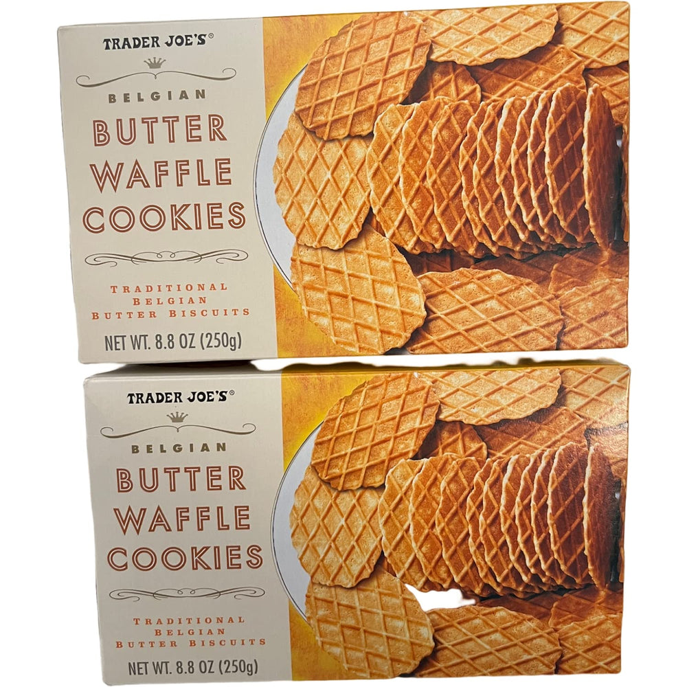 Trader Joe's Belgian butter waffle cookies on a plate, two-pack display for celebrations.