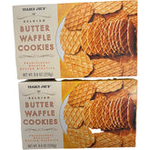 Trader Joe's Belgian butter waffle cookies on a plate, two-pack display for celebrations.