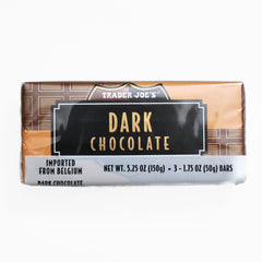 Trader Joe's Belgian Dark Chocolate Bars packaging on counter, gift-ready for sharing