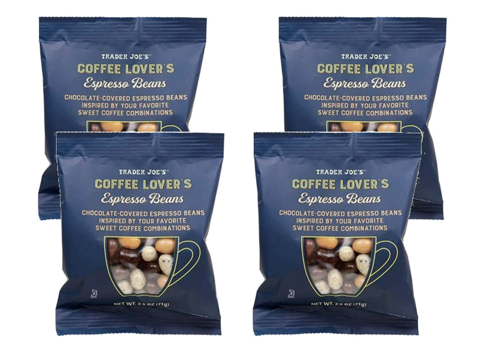 Trader Joe's packaging view of coffee lovers espresso beans, convenient 4-pack for on-the-go