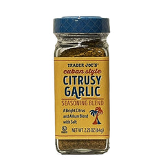Trader Joe's Cuban Style Citrusy Garlic Seasoning bottle on kitchen counter for marinating and flavoring