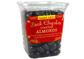 Trader Joe's dark chocolate almonds pack with glossy coating; convenient, energizing on-the-go snack.