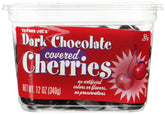 Trader Joe's dark chocolate cherries packshot showing glossy coating and ripe fruit for a premium snack