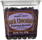 Trader Joe's dark chocolate covered raisins pack shot for grab-and-go snacking