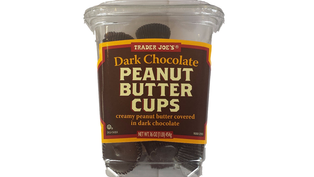 Trader Joe's dark chocolate peanut butter cups 16 oz pack offer a velvety center for a satisfying snack.
