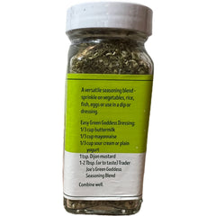 Dispensing jar of Trader Joe's Green Goddess Seasoning Blend for easy everyday use.