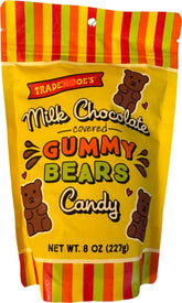 Trader Joe's Milk Chocolate Covered Gummy Bears: creamy chocolate coating around fruity gummies for a sweet snack