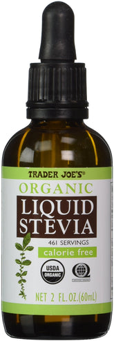Trader Joe's Organic Liquid Stevia 2oz bottle, side view, ideal for sugar-free coffee or tea.
