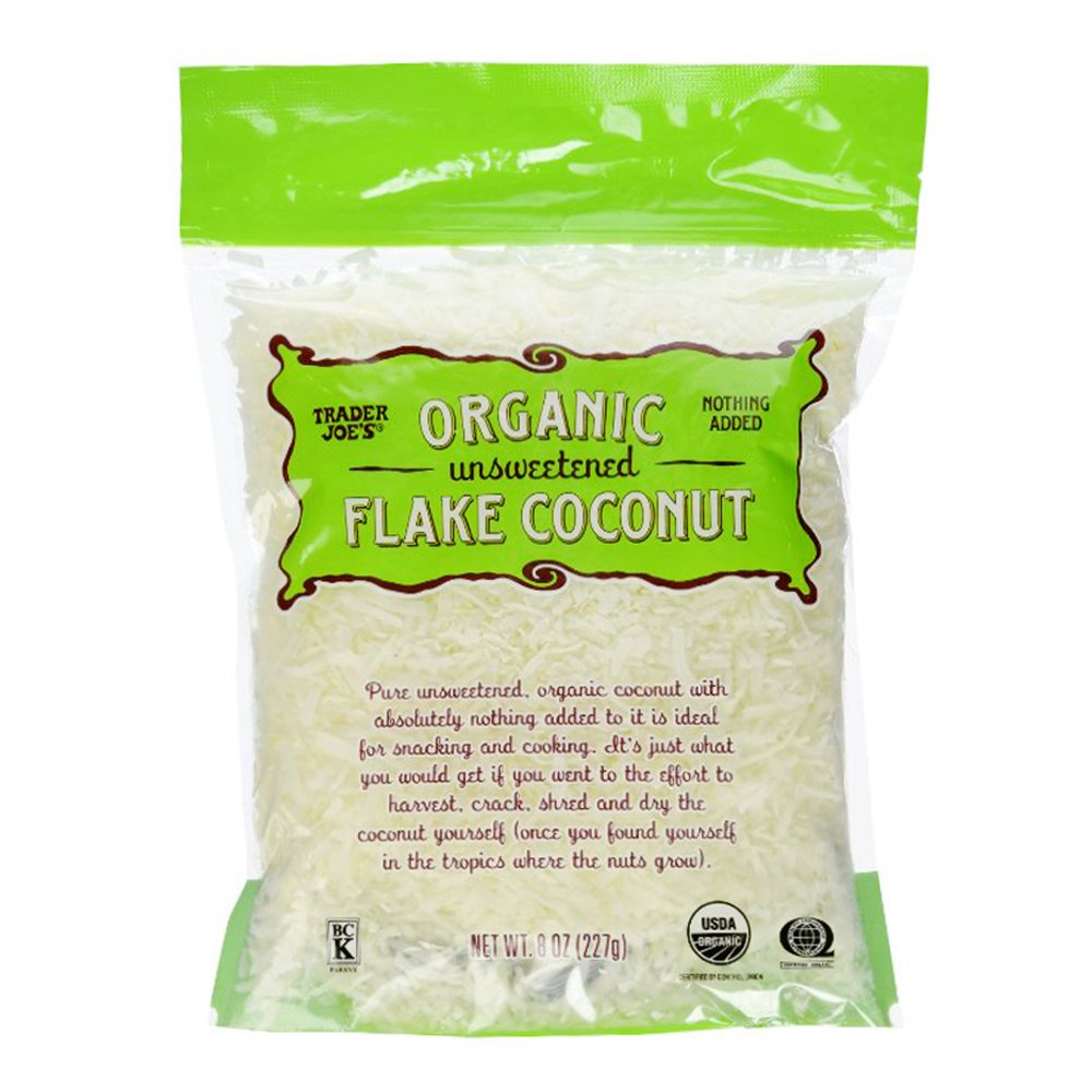 Trader Joe's organic unsweetened coconut flakes for baking, toppings, and snacks